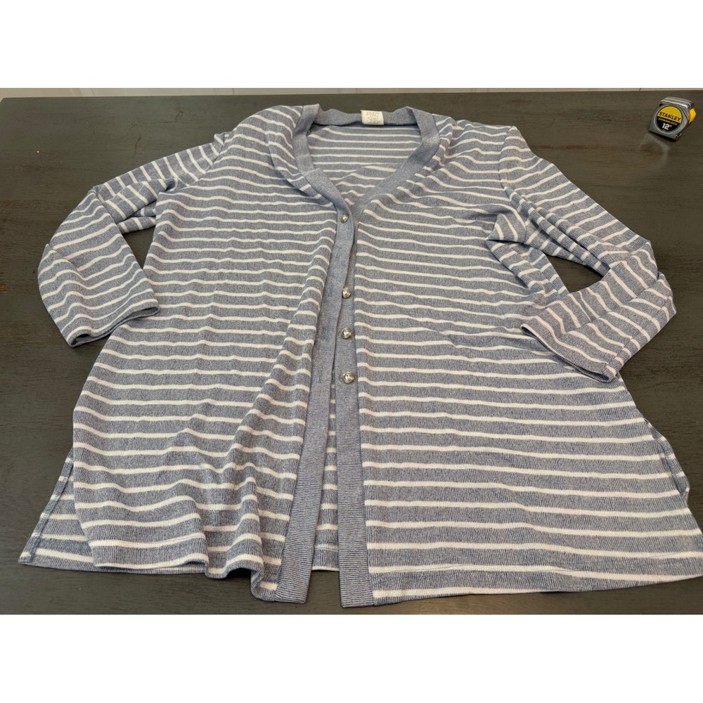 Studio C Plus Womens 20W Blue White Striped Cardigan Sweater Open Front USA Made